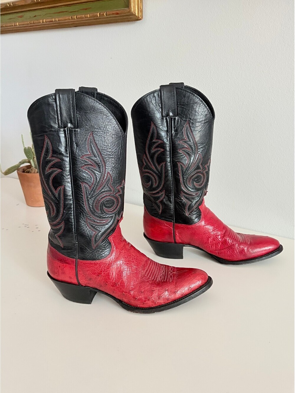 Justin Vintage Cowboy Boots Ostrich Leather Red & Black Style 40476 Size 9.5B